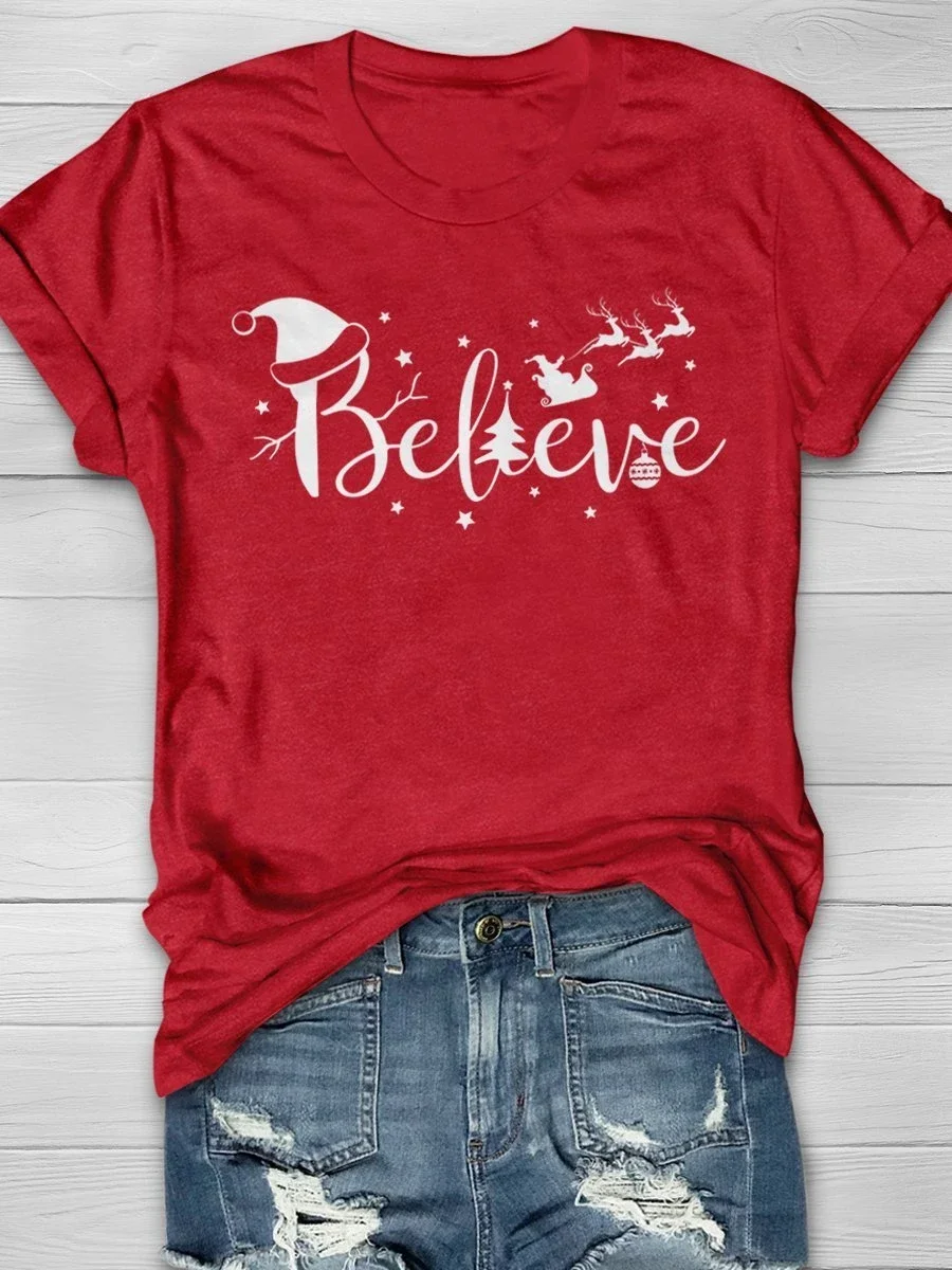 Eagerlys Believe Santa Claus Reindeer Christmas Print Short Sleeve T-shirt Eagerlys