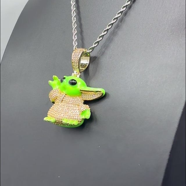 Green Dripping Glazed Baby Yoda Iced Out CZ Stone Pendants