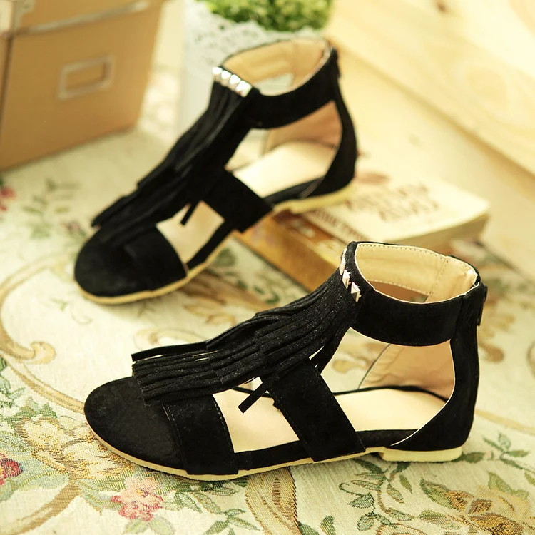 Black Fringe Sandals Comfortable Flat Shoes |FSJ Shoes