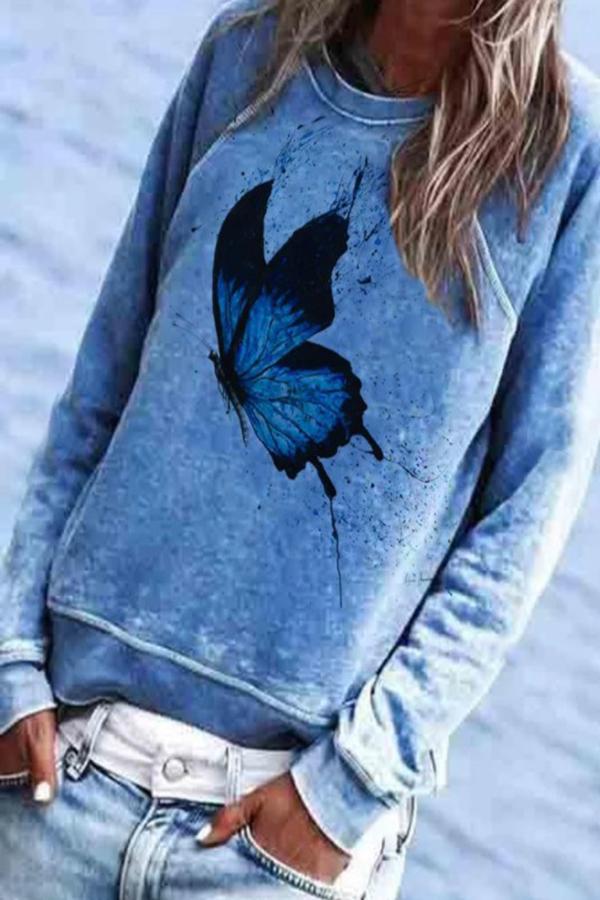 Butterfly Print Paneled Crew Neck Casual Sweatshirt