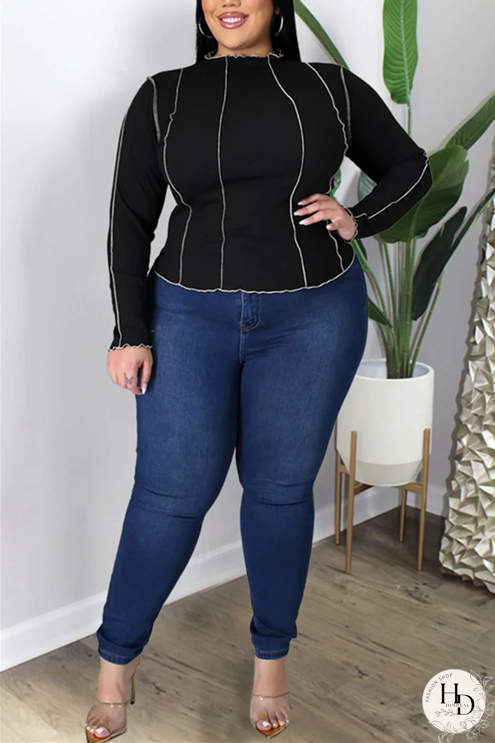 Black Fashion Casual Solid Split Joint O Neck Plus Size Tops