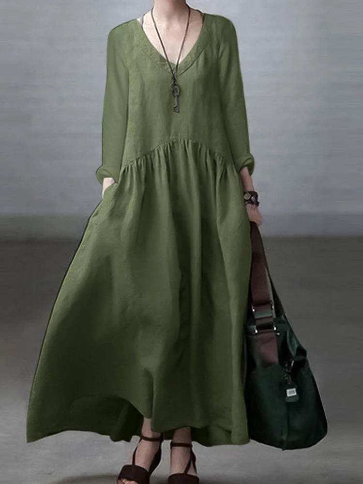 Casual Solid V Neck Long Sleeve Pocket Maxi Dress