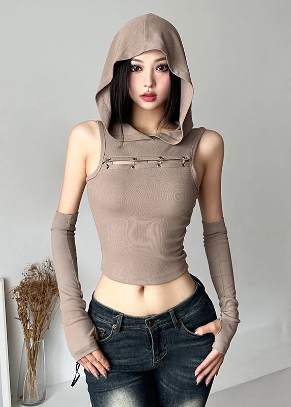 Boho Khaki Patchwo Hollow Out Hooded Top Sleeveless