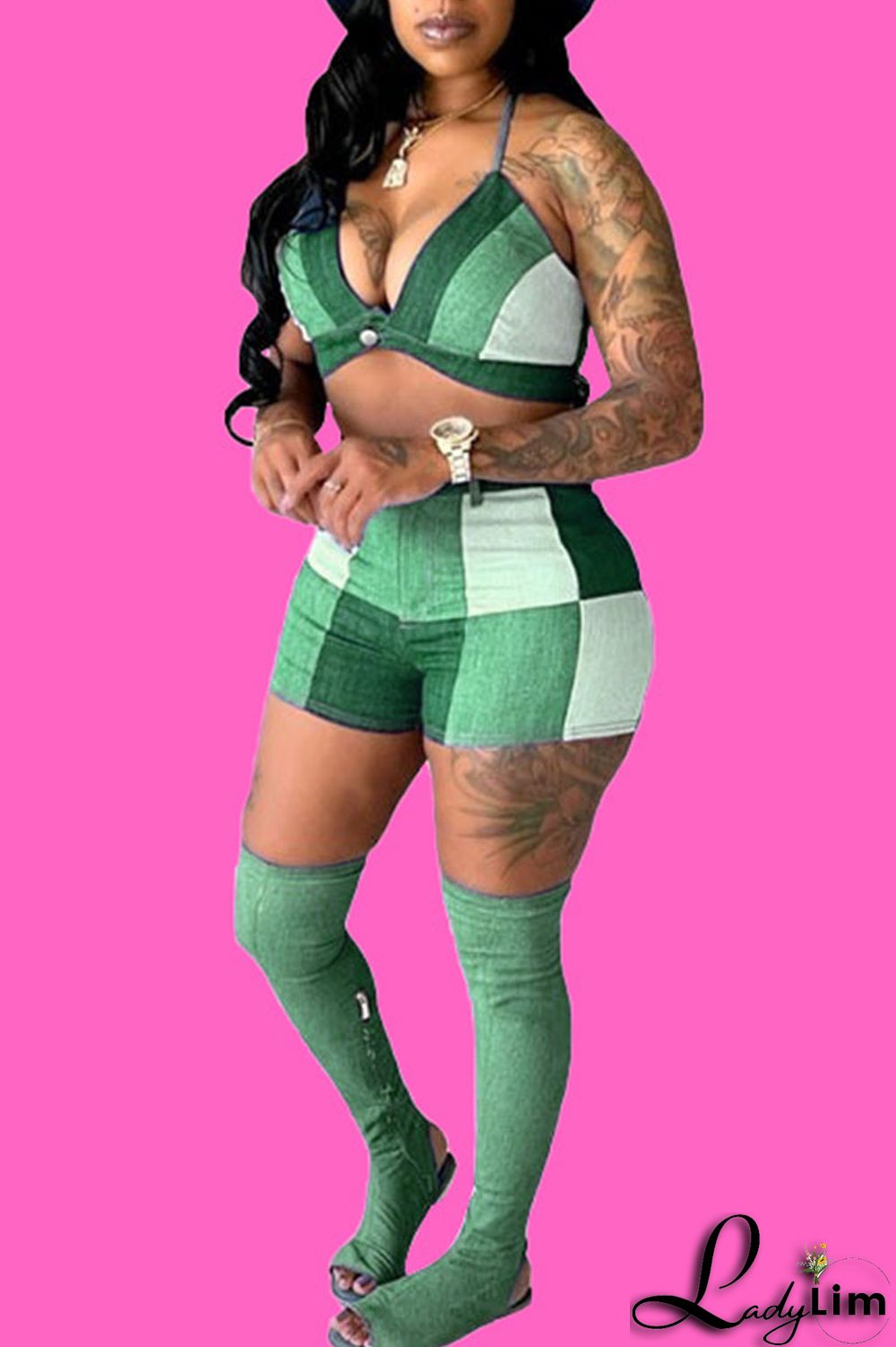 Green Sexy Print Patchwork Halter Sleeveless Two Pieces