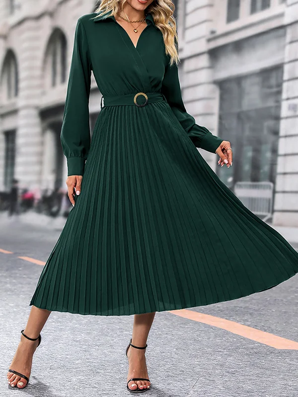 Solid Color Pleated Belted Loose Long Sleeves V-Neck Midi Dresses