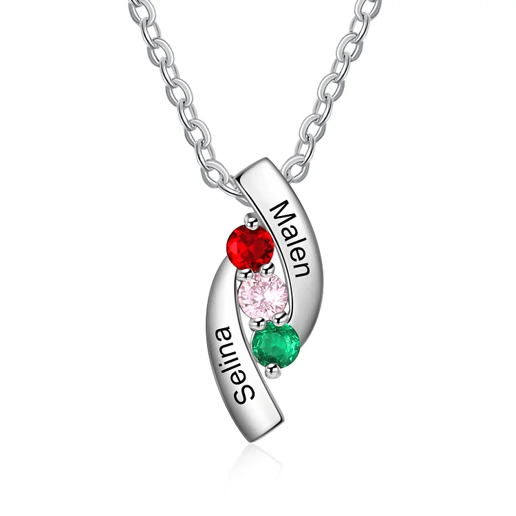 Personalized Family Necklace with 3 Birthstones Engraved 2 Names for Her