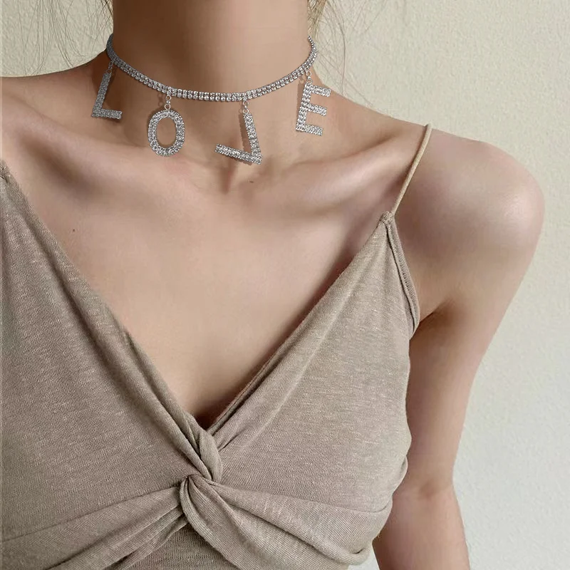 Fashion Temperament Simple Letter Love Rhinestone Pendant Necklace Jewelry | IFYHOME