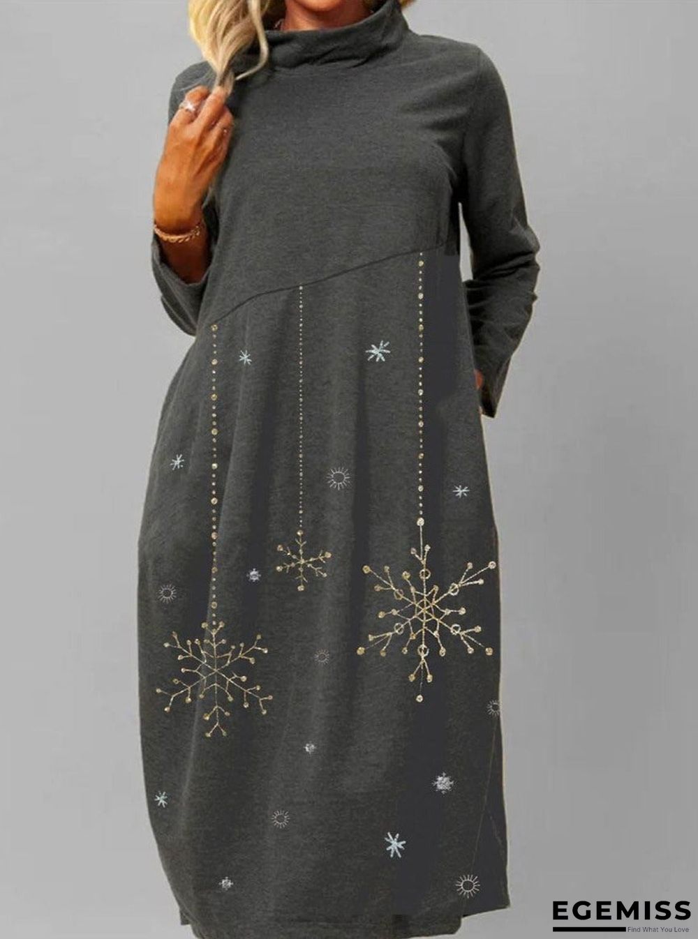 Fashion Snowflake Print Long Sleeve Casual Round Neck Shift Dress | EGEMISS