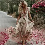 Women's Vintage Floral Embroidery Art Comfy Linen Maxi Dress - Image 2