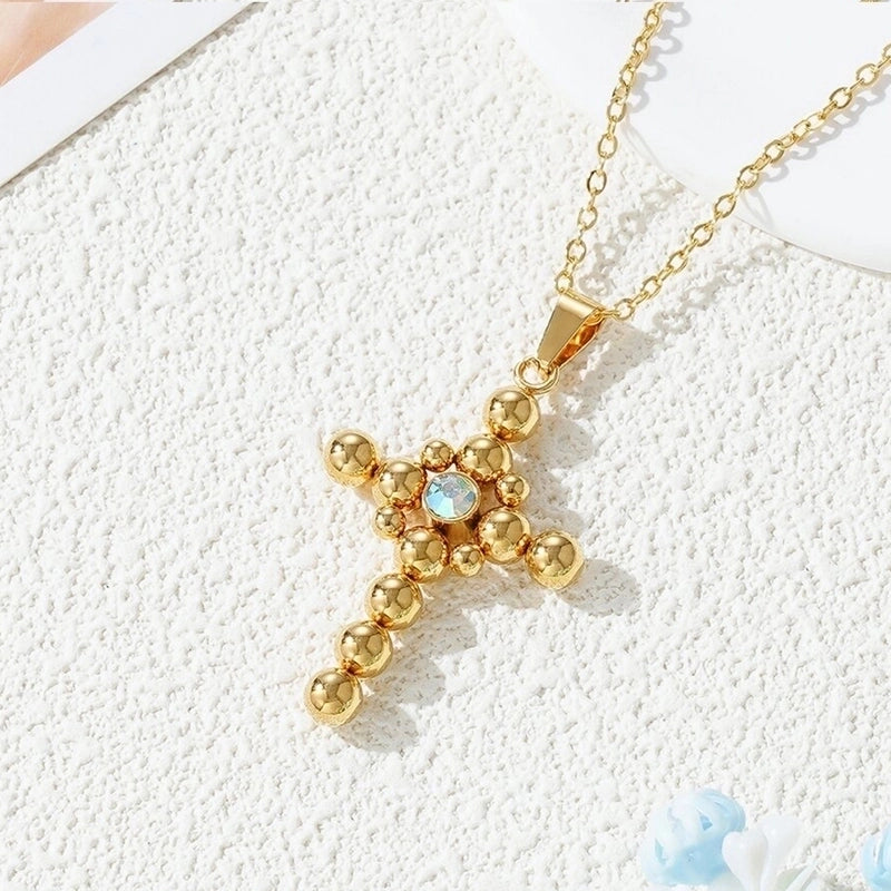 201 Stainless Steel Gold Plated Minimalist Inlay Cross Zircon Pendant Necklace