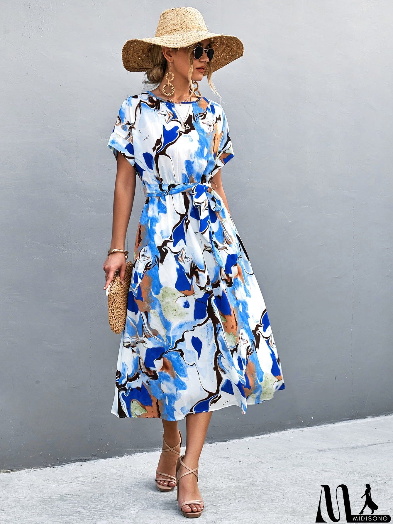 MidiSono - Round Neck Short Sleeve Tie Waist Midi Dress