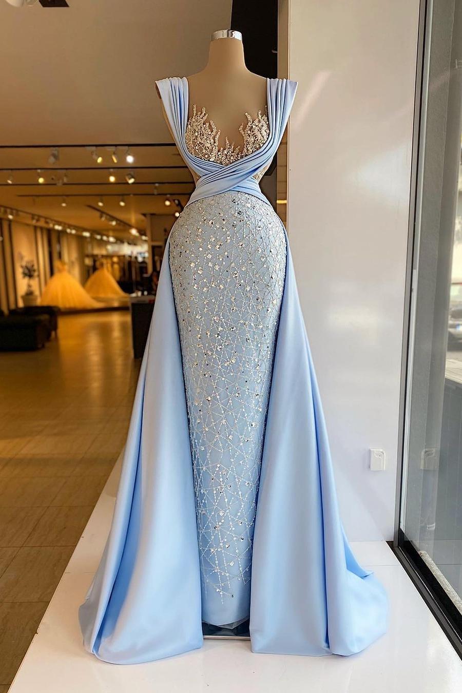 Lvs&Broner Sky Blue Straps Sleeveless Long Mermaid Prom Dress With Beading