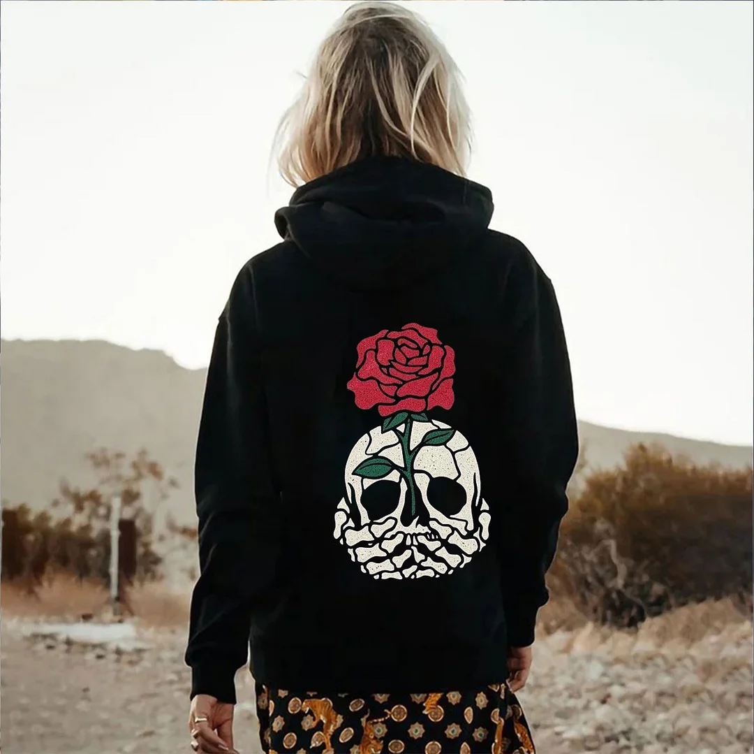 Skull Flower Casual Graphic  Black Print Hoodie