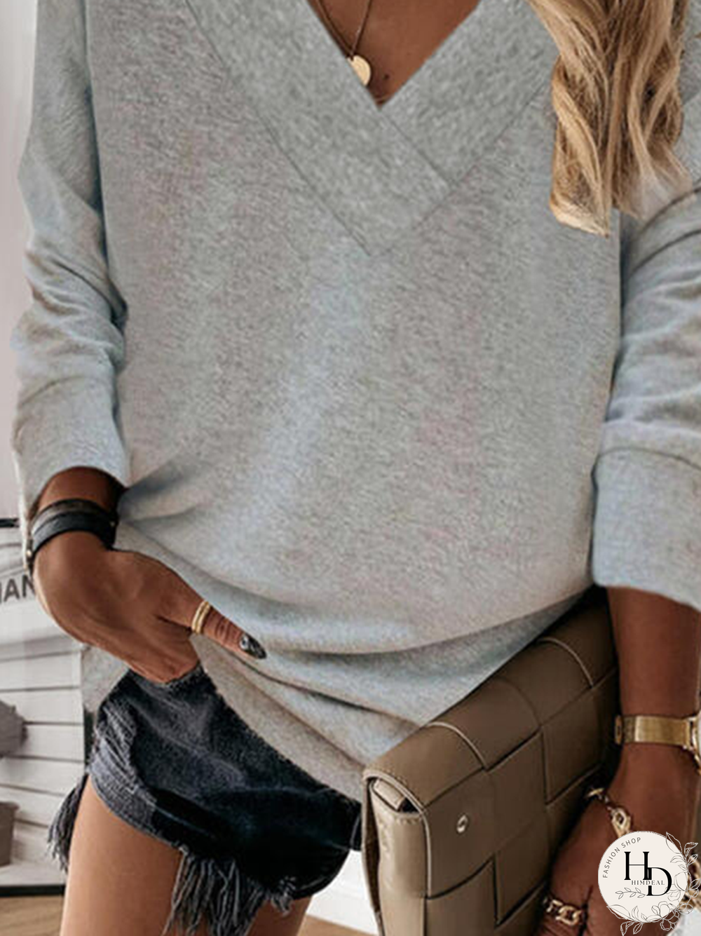 Solid V Neck Long Sleeve Casual Sweatshirts