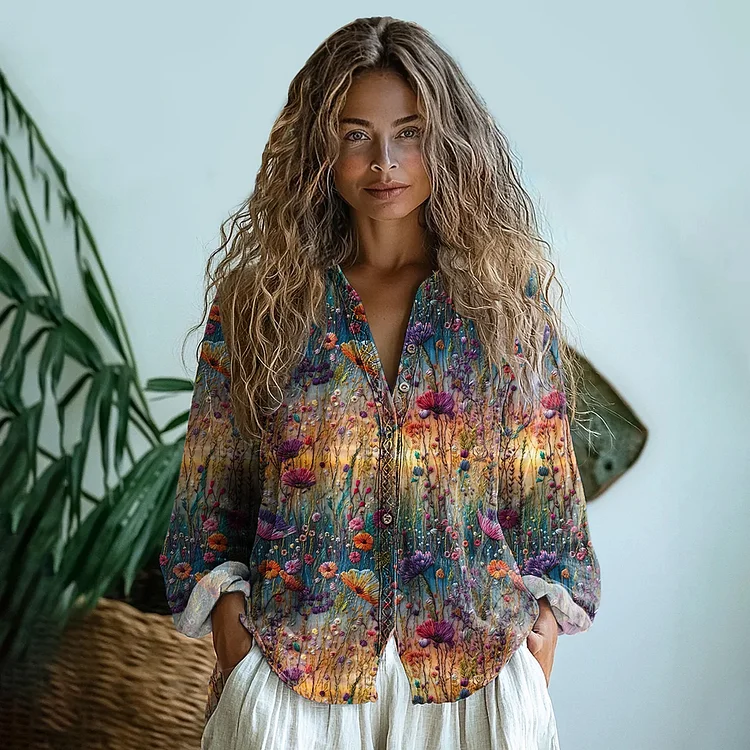 Vintage  Gradient Flowers Embroidered Linen Print  Long Sleeve Shirt