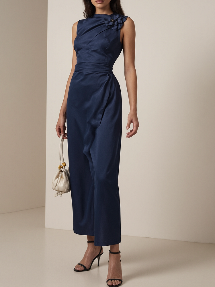 Midnight Elegance Satin Dress with Floral Shoulder Detail