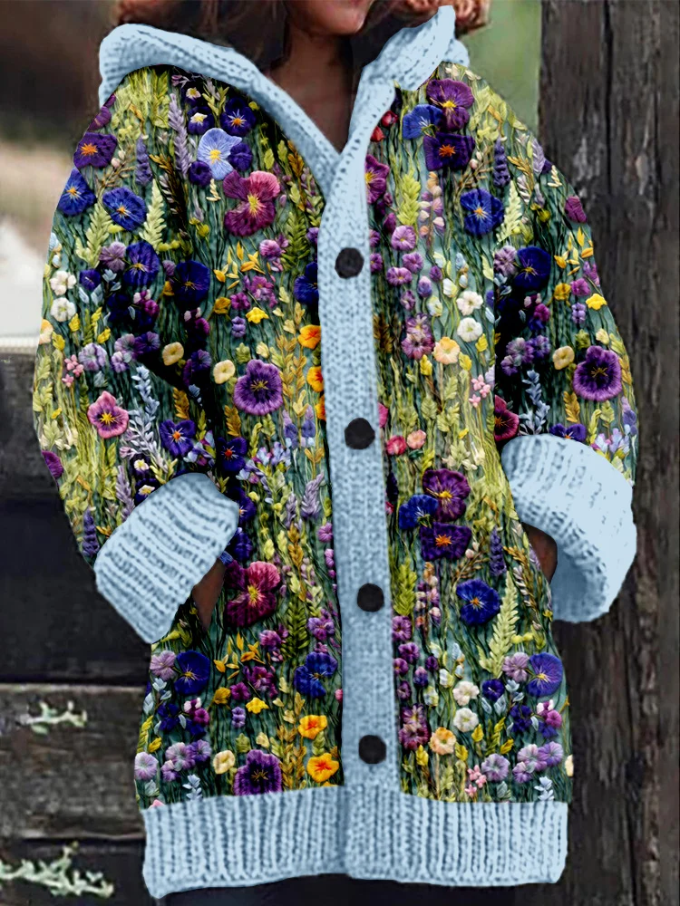 Elegant Violet Wildflower Embroidery Art Cozy Knit Cardigan