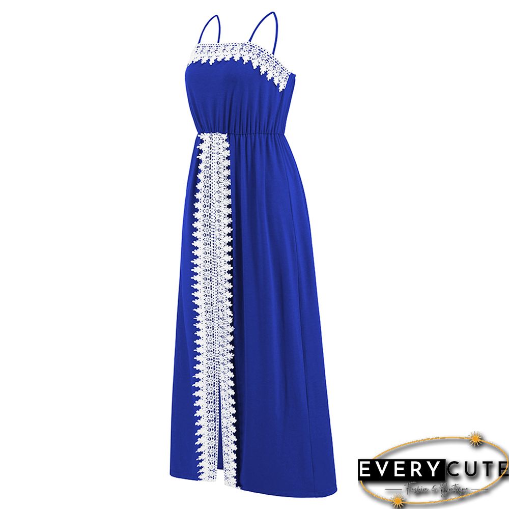 Blue Spliced Lace Trim Spaghetti Straps Dress