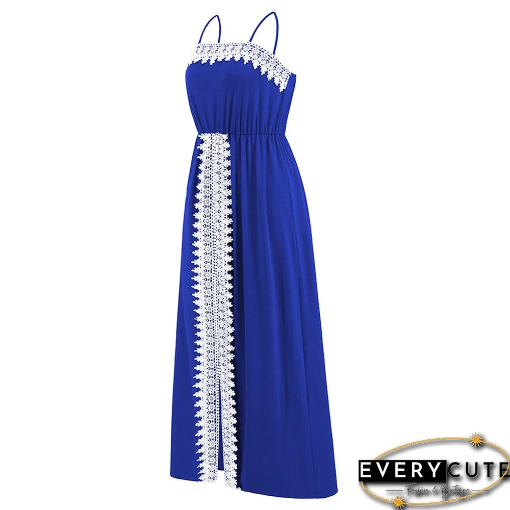 Blue Spliced Lace Trim Spaghetti Straps Dress