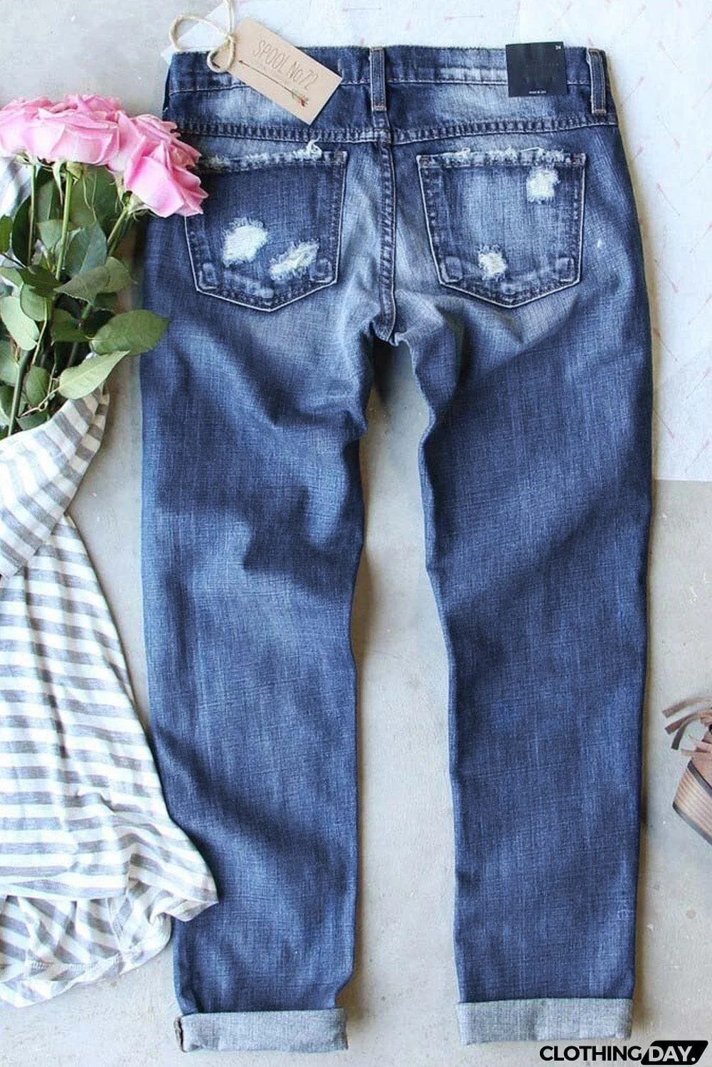 Ripped Plaid Straight Legs Jeans