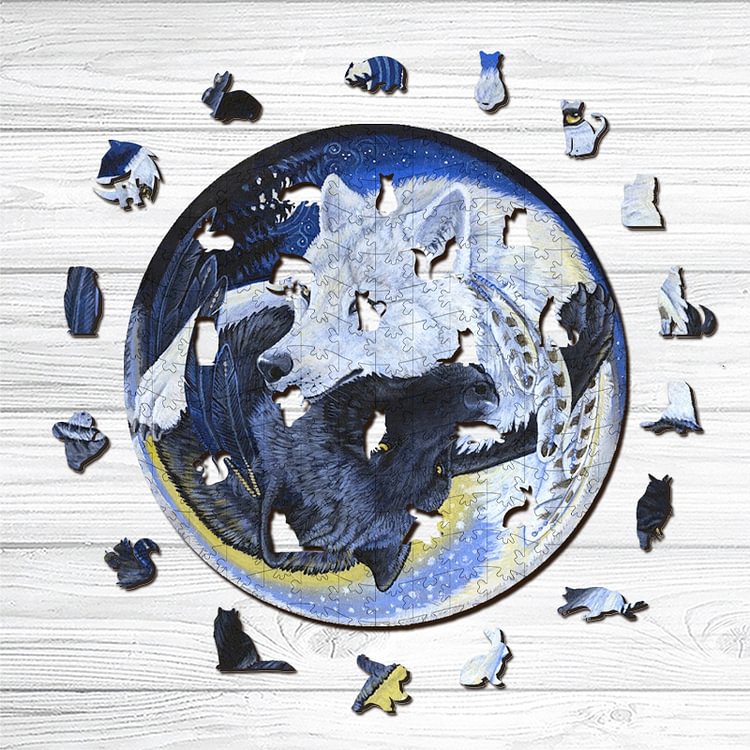 Yin Yang Wolves In Love Wooden Jigsaw Puzzle
