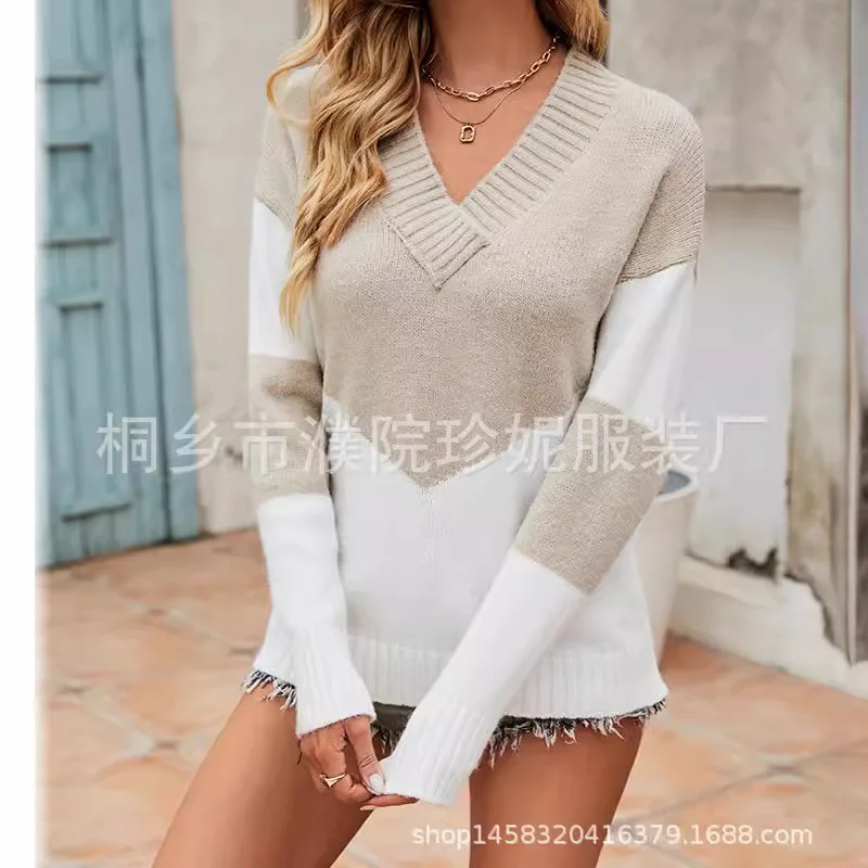 Athvotar Athvotar Autumn Women's Knitted Shirt V-Neck Splicing Long-Sleeved Simple Knitted Sweater Simple Match