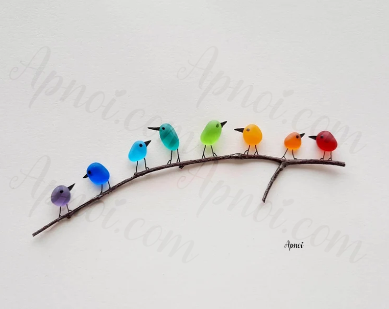 Sea Glass Rainbow Birds - Sea Glass Art- Sea Glass & Driftwood Picture - Framed Unique Handmade