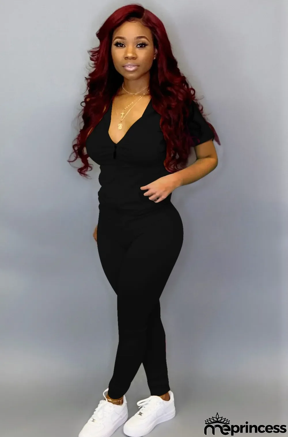 Women Spring Black Short Sleeve Fitted Hoody Two Piece Pants Tracksuit
