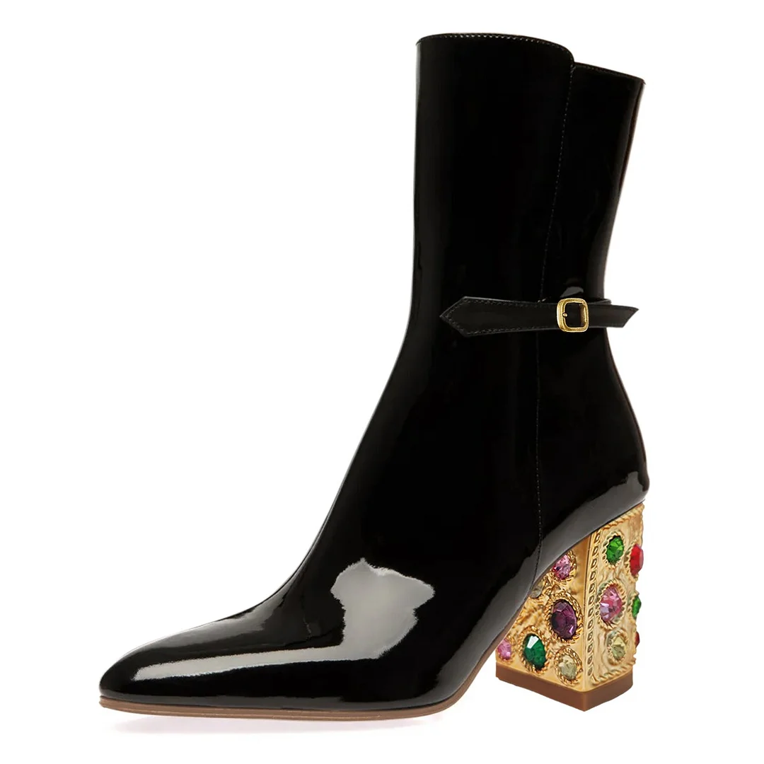 Patent Leather Pointed Toe Buckle Strap Rhinestone Black Heel Booties