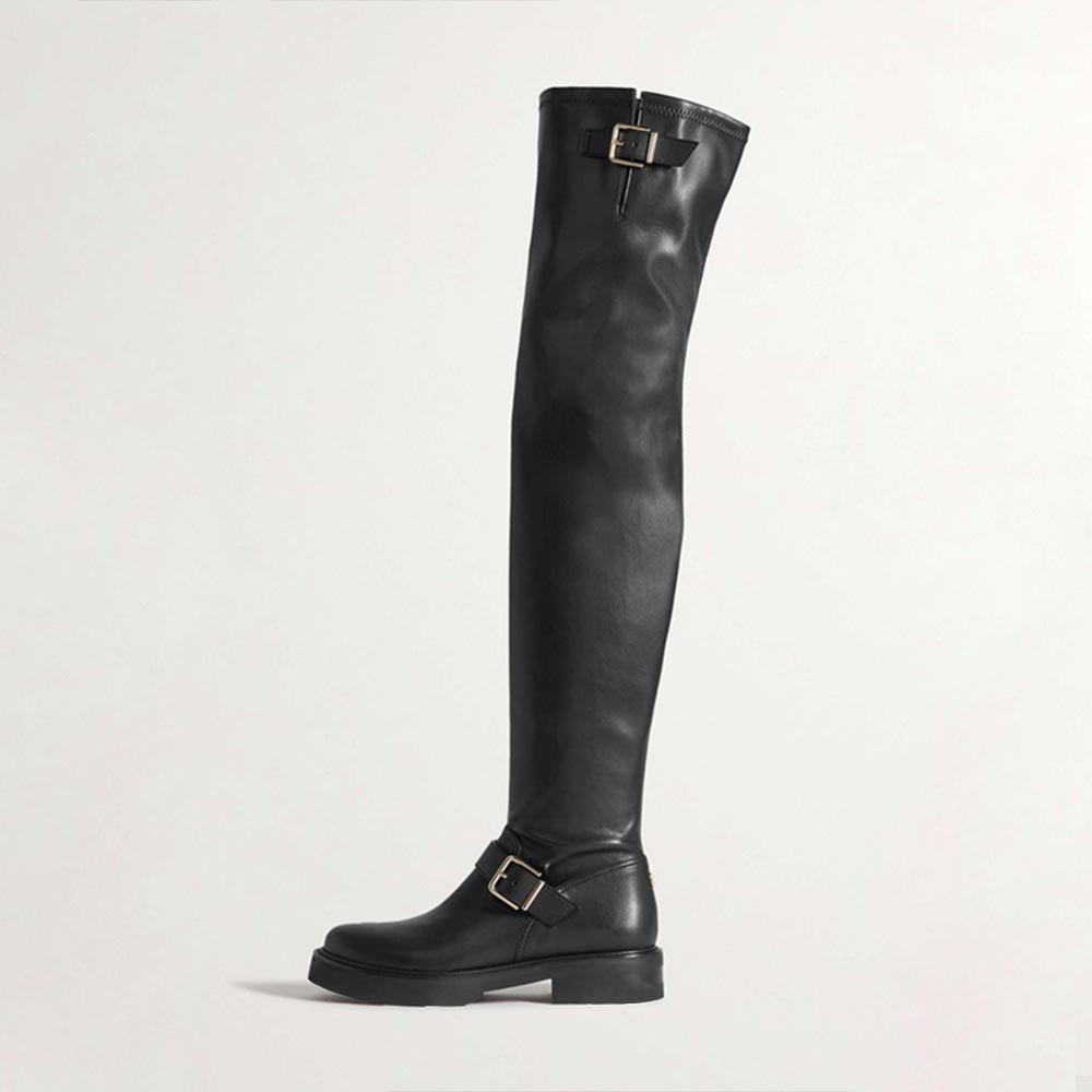 Black Vegan Leather  Closed Toe Flat Thigh High Winter Boots Nicepairs