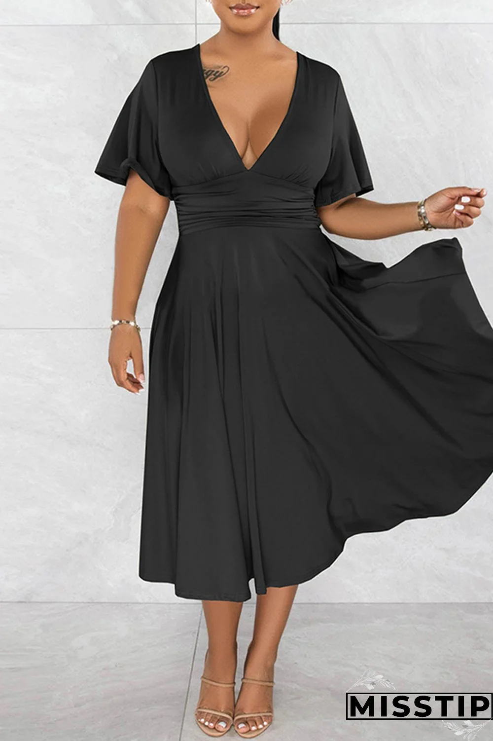 Black Casual Solid Patchwork V Neck Short Sleeve Dress