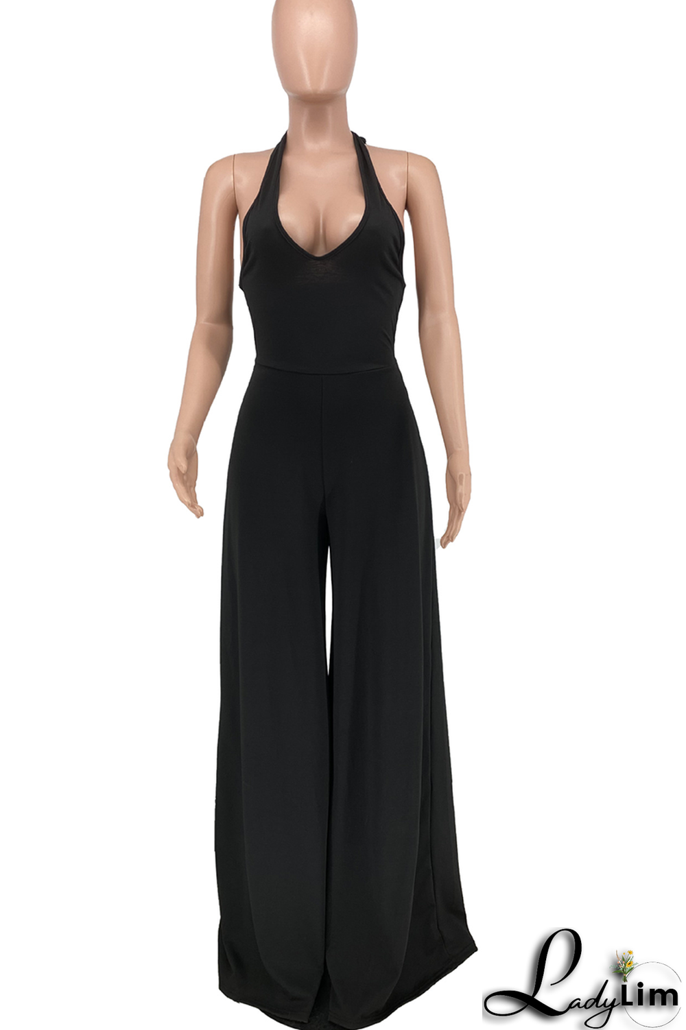 Black Casual Solid Patchwork Halter Loose Jumpsuits