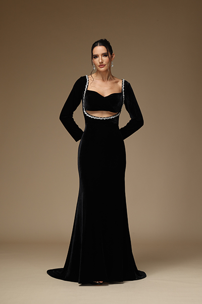 Ovlias Black Prom Dress Long Sleeve Sweetheart Neck With Beaded Appliques