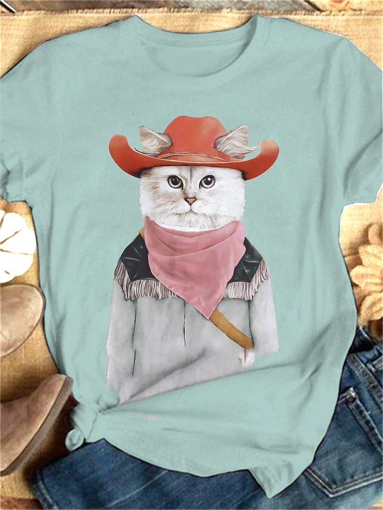 Rodeo Cat Print Inspired O Neck T Shirt