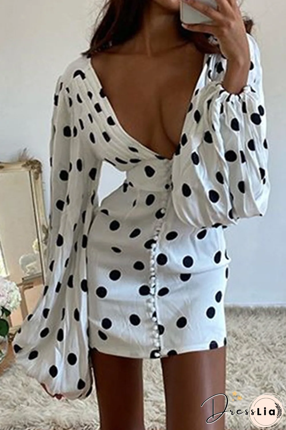 Fashion Elegant Polka Dot Split Joint Buckle V Neck Pencil Skirt Dresses