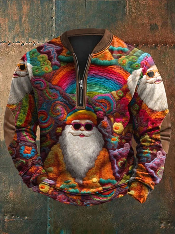 Men's Vintage Santa Print Zip-Up Top
