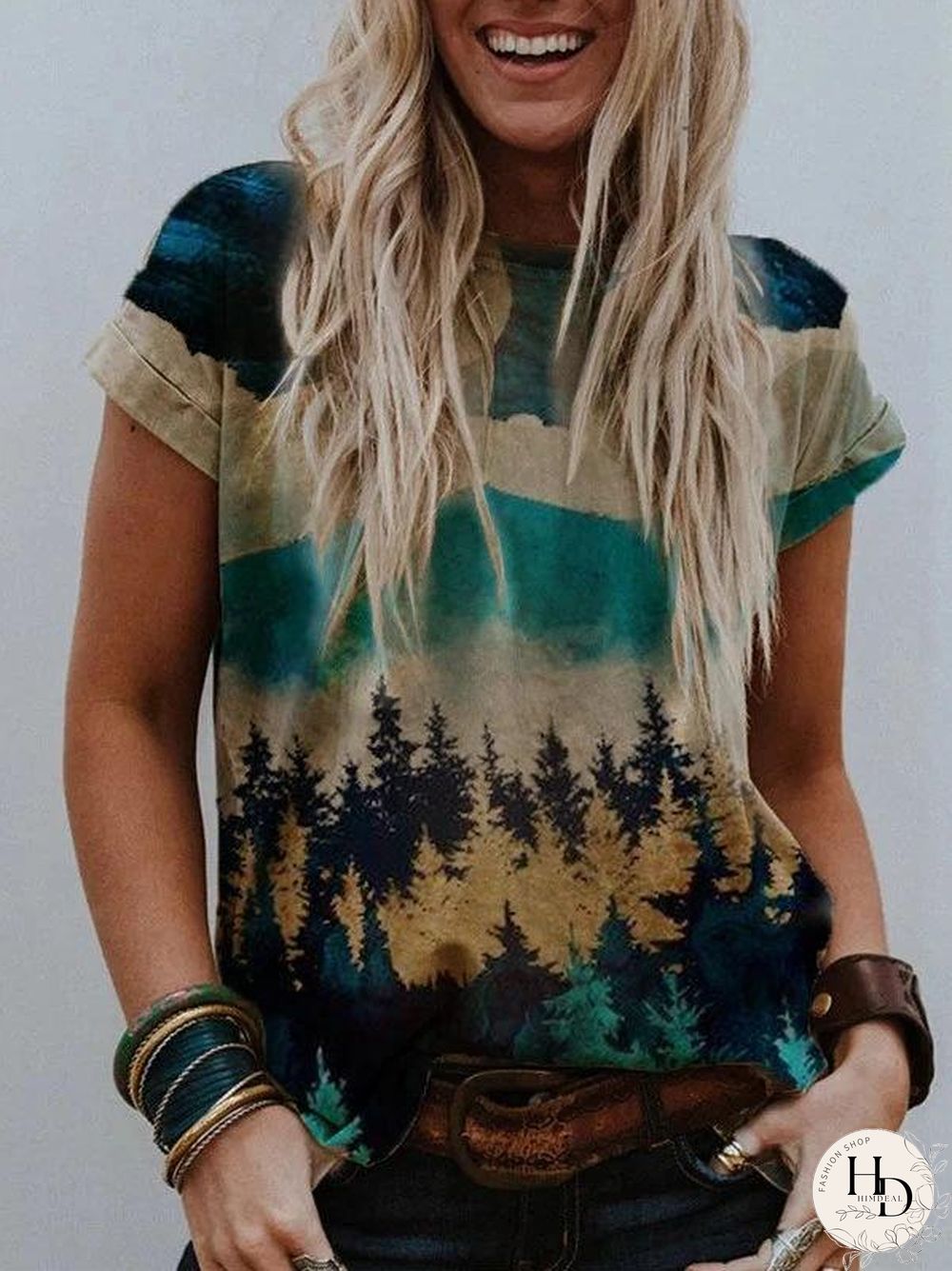 Summer Mountains-And-Waters Painting Short Sleeve Top