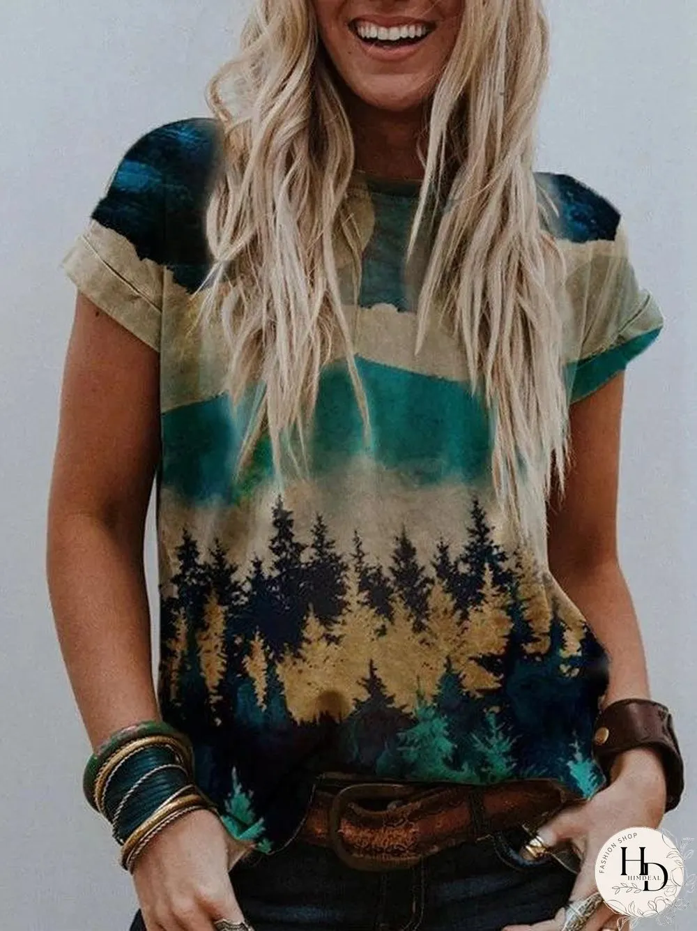Summer Mountains-And-Waters Painting Short Sleeve Top