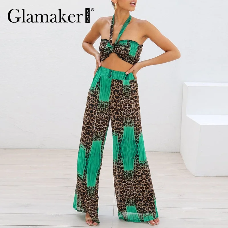 Glamaker Ethnic vintage printed 2 piece suits Women Chiffon holiday beach crop top and pants Fashion loose female overalls 2021
