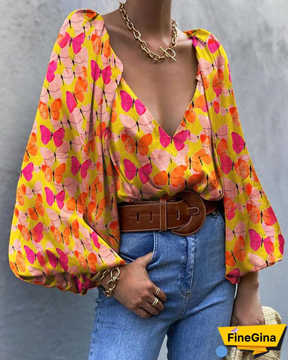 Butterfly Print Puff Lantern Sleeve Top