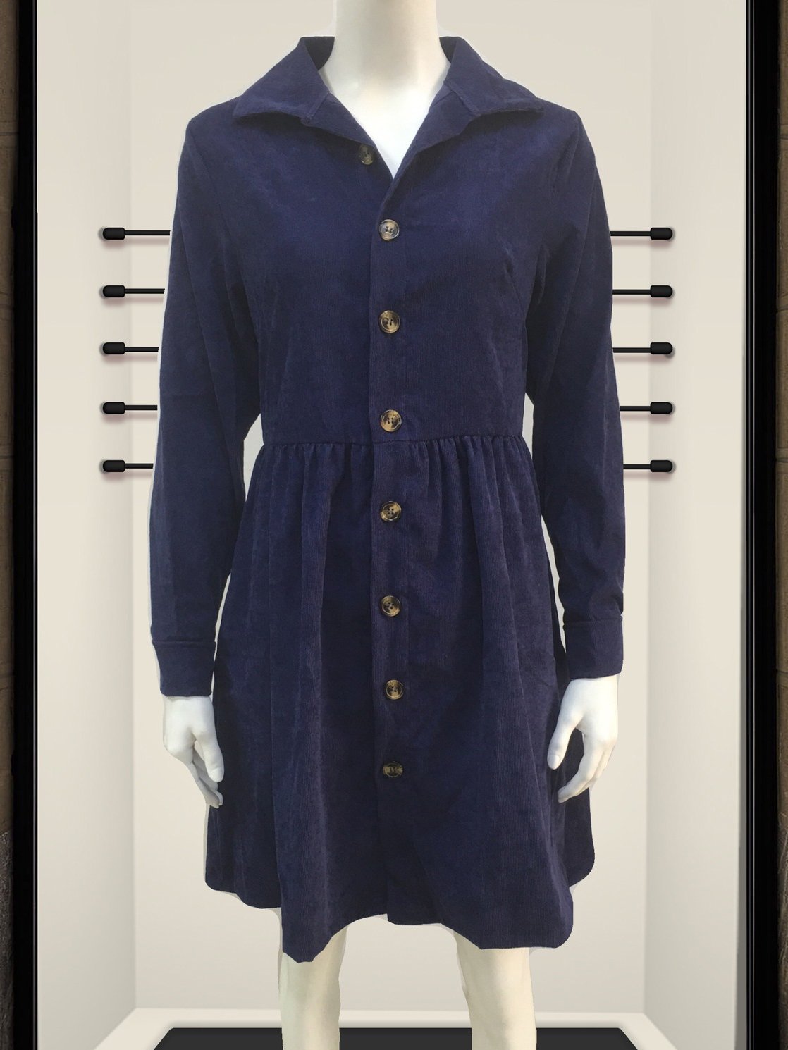 Women Long Sleeve V-neck Button Midi Dress