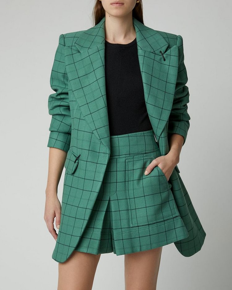 Casual Green Plaid Jacket Culottes Set