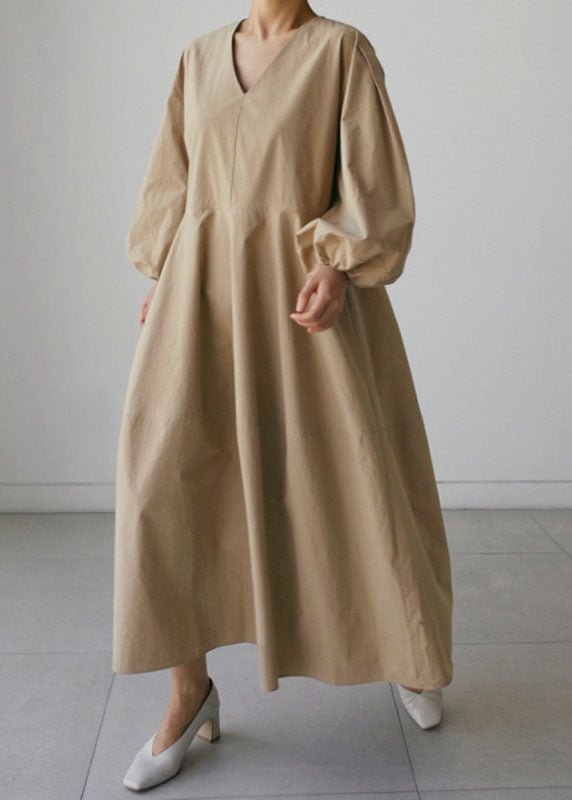 Khaki Pockets Patchwork Cotton Dress Long Sleeve CK2284- Fabulory