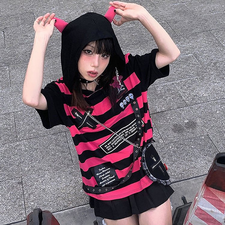 Emo Style T-Shirt Summer Goth Striped Graphic Tee Y2K Egirl Grunge Punk Black Devil Ears Hoodie Women Gothic Alt Clothes - Life is Beautiful for You - SheChoic