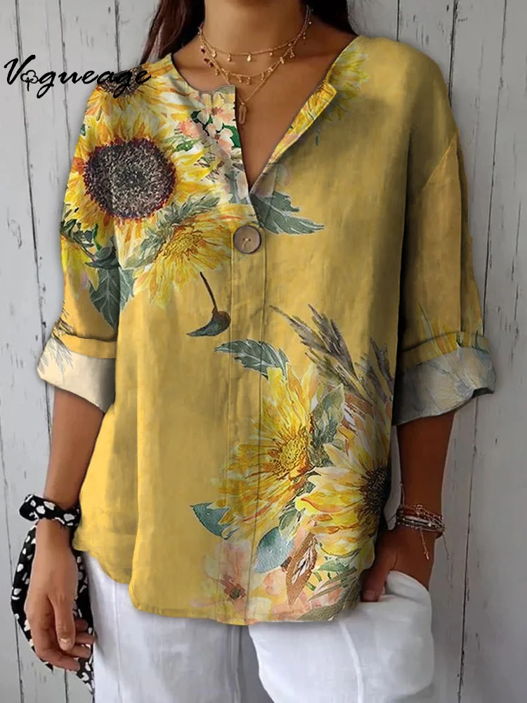 Bright Gentle And Comfortable Sunflower Printed Cotton And Linen Shirt