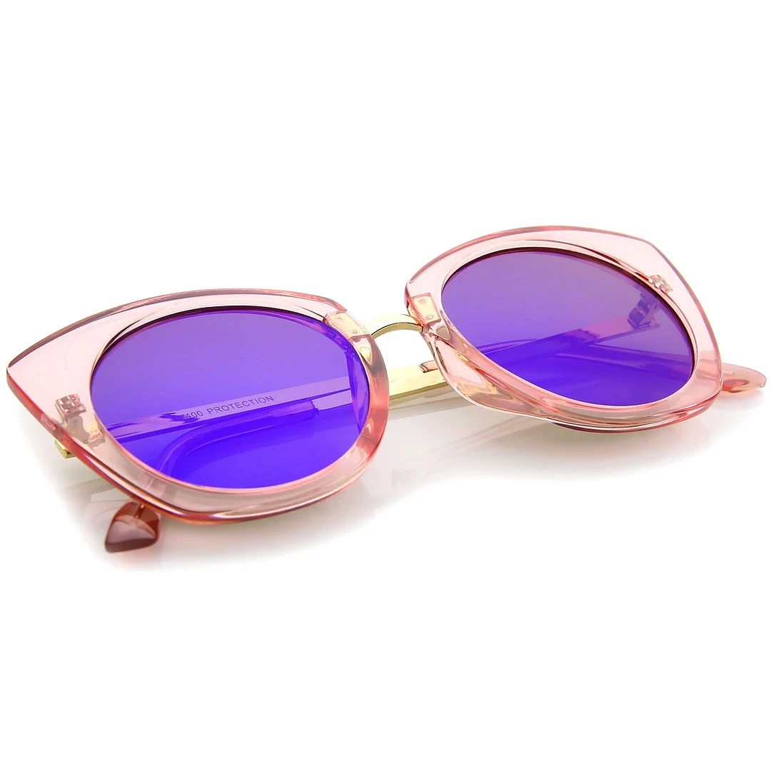 Women's Crystal Frame Colored Mirror Flat Lens Round Cat Eye glasses 52mm