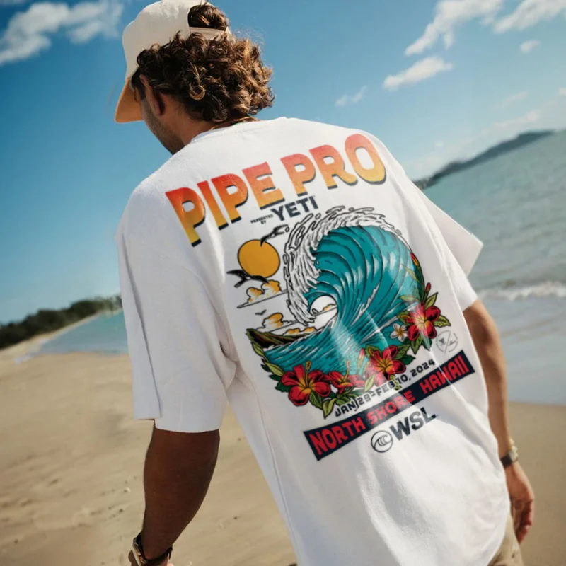 Oversized Men's Retro Surf 2024 Pipe Pro Print T-Shirt-barclient