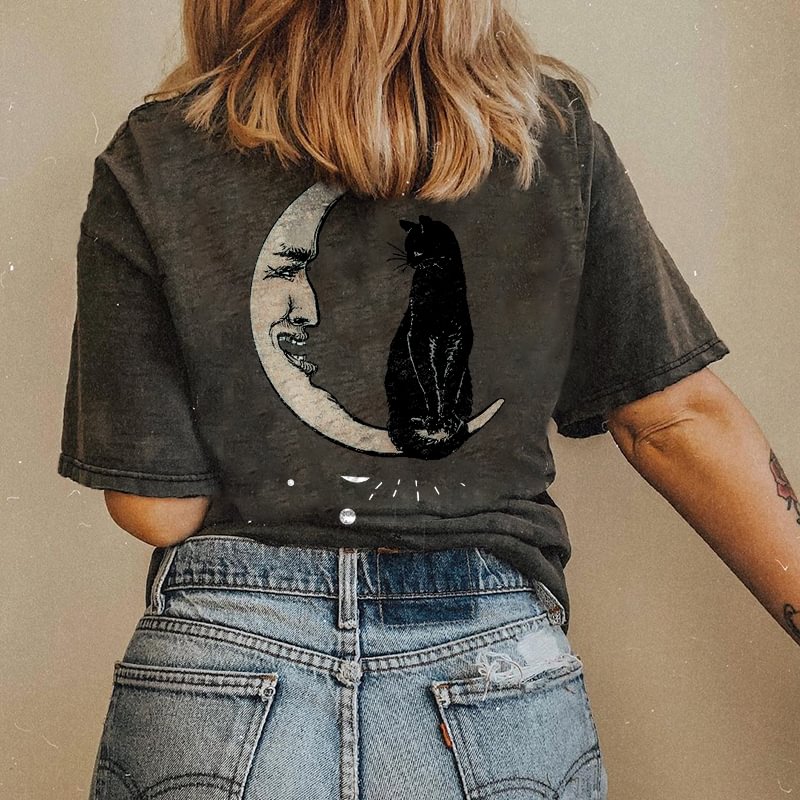   Halloween Skeleton Moon Face And Black Cat Print Women's T-shirt - Neojana