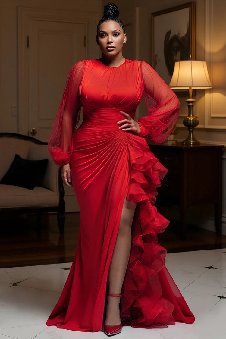 Xpluswear Design Plus Size Formal Red Round Neck Lantern Sleeve Long Sleeve Ruffle Elegant See Through Tulle Satin Maxi Dresses [Pre-Order]