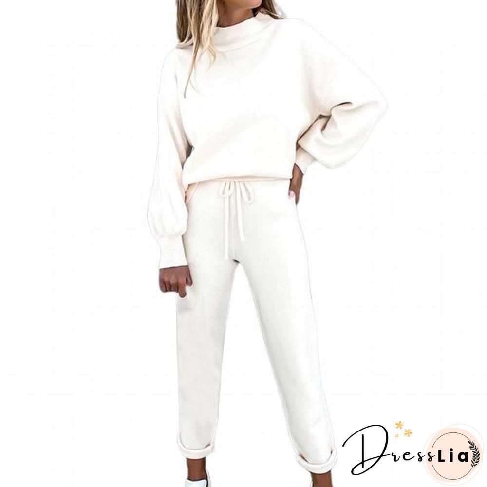 Women Outfit Pocket Thick Solid Color Loose Pullover Pants Set For Office